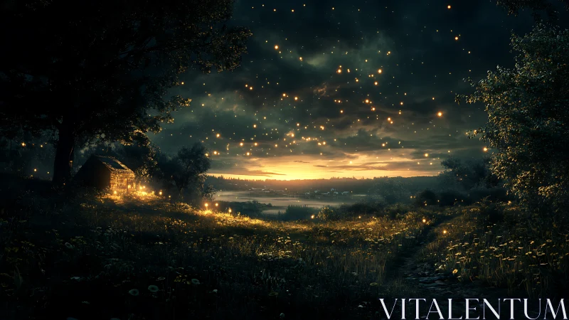 Rural landscape at dusk with cottage, lights, and water.