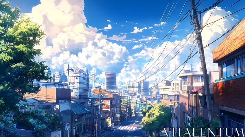 Sunlit hillside street dreams beneath towering summer clouds.