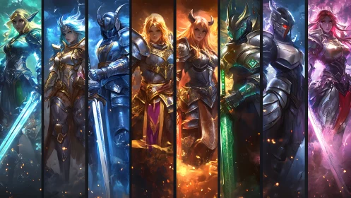 Armored fantasy warriors aligned in vertical segmented panels.