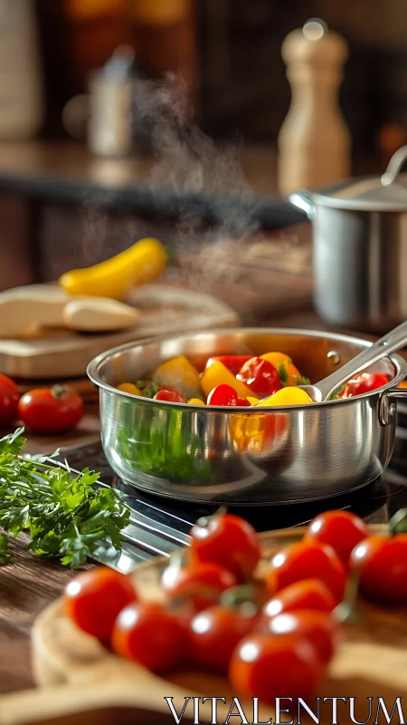 Stainless steel pot with mixed vegetables on kitchen stove.