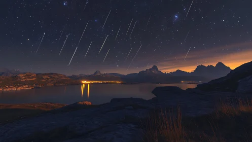 Starshowers stitch bright chords across the mountain dusk