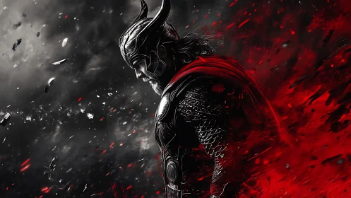 Digital painting of armored warrior in red-black atmospheric field.