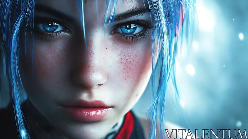 Icy blue haired heroine in hyperreal digital close up portrait.