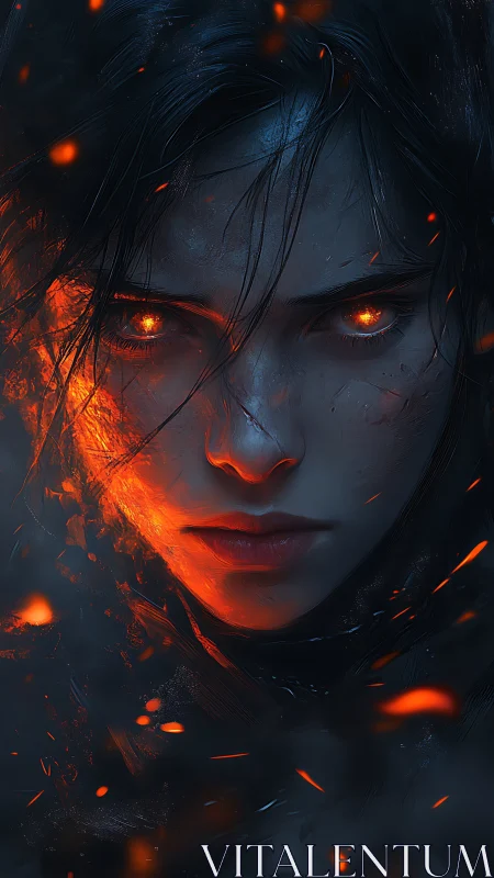 Fiery eyed warrior portrait in dark ember filled haze.