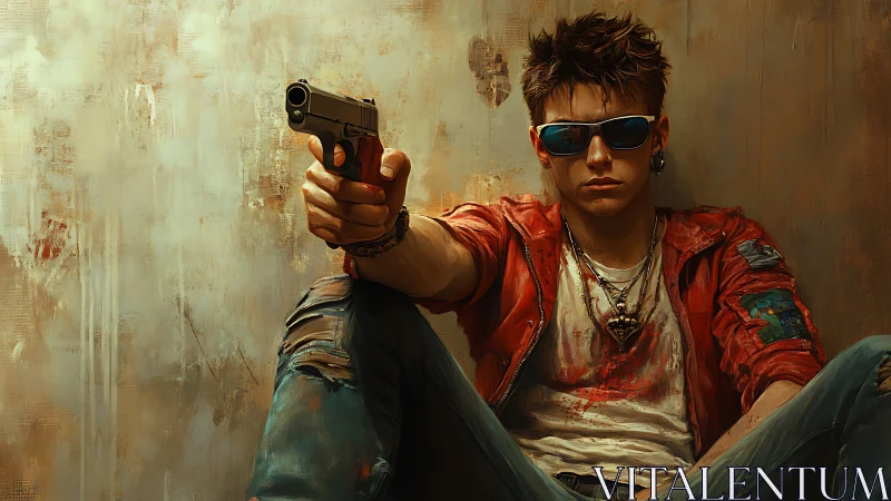 Digital painting of urban gunman in distressed wall setting.