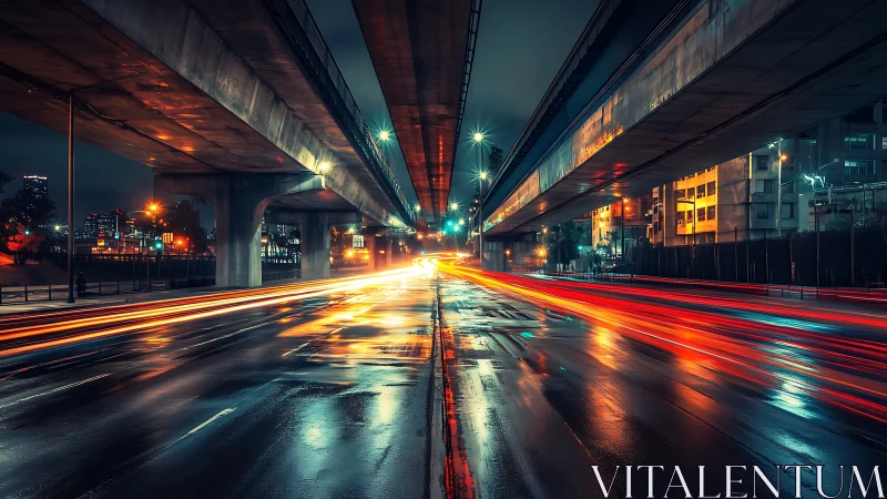 Long-exposure urban overpass channels neon traffic streams