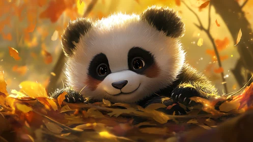 Autumn forest close-up of stylized baby panda in warm backlight