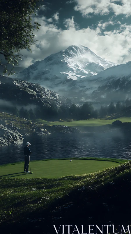 Golfer on lakeside green beneath snowcapped mountain peak.