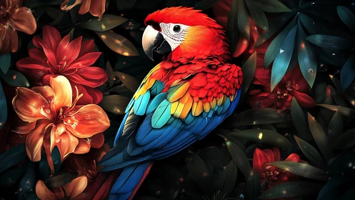 Vibrant Scarlet Macaw in Lush Jungle Art with Bold Florals.