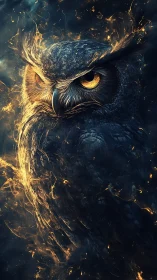 Ember-born owl in swirling golden flames at nightfall.