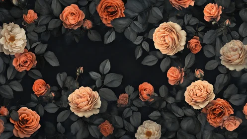 Coral Roses Dance: Moody Garden Frame with Charcoal Foliage.