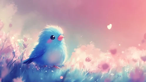 Adorable Blue Songbird Surrounded by Blooming Pink Flowers and Clouds