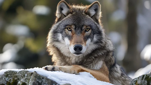 Gentle winter wolf resting with a calm, watchful gaze.