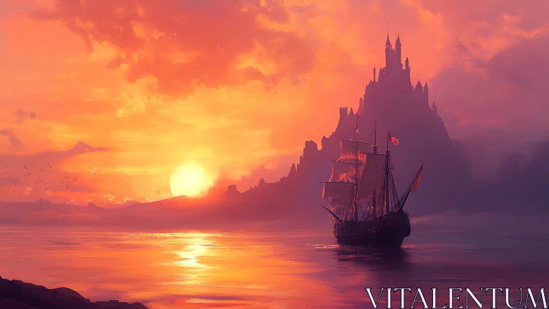 Sailing vessel approaches coastal fortress at low sunset light