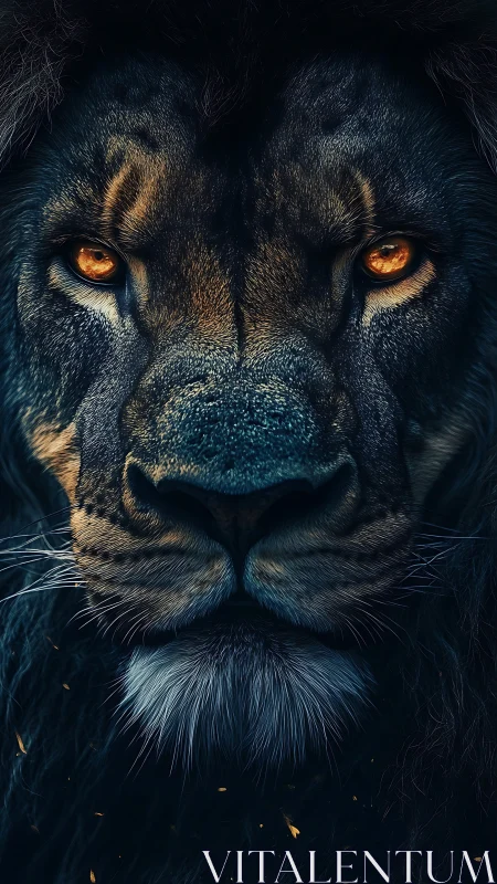 Midnight lion stares back with ember bright, unblinking eyes