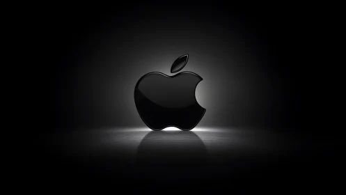 Glossy black apple emblem glows against a dark void