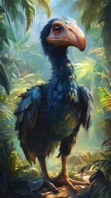 Large blue bird with hooked beak in dense tropical jungle.