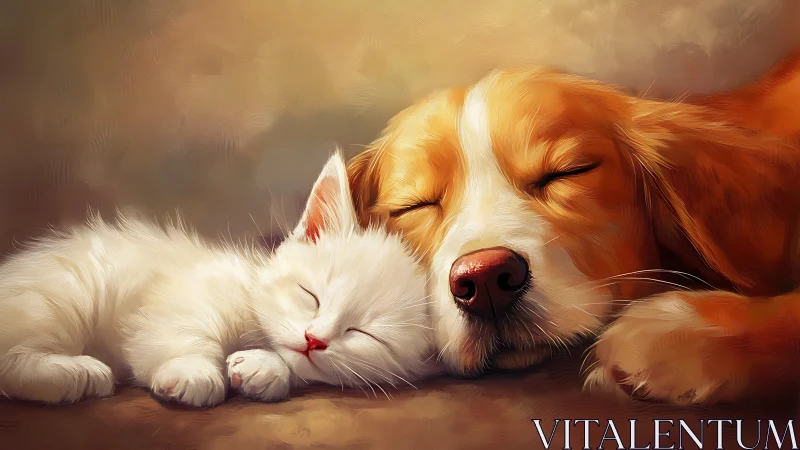 White Cat and Brown Dog Resting Together in Repose.