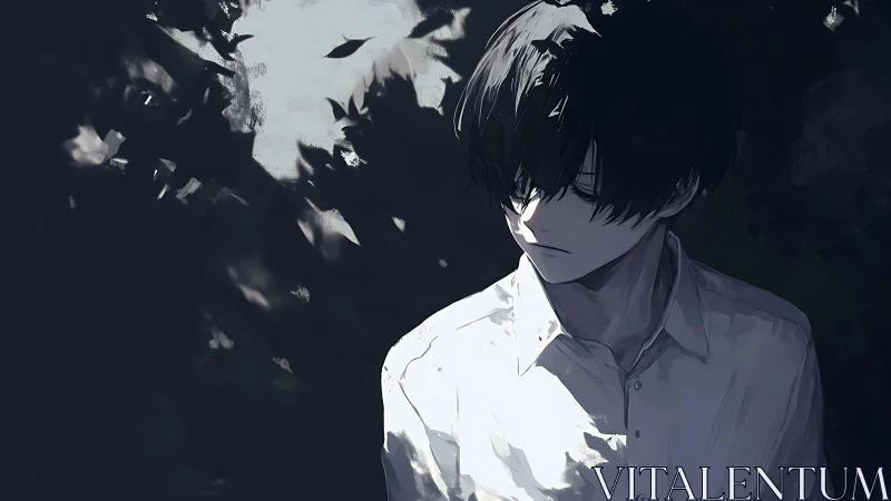 Melancholic boy in dappled monochrome foliage light study.