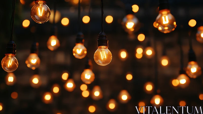 Amber string lights painting warm constellations at dusk.