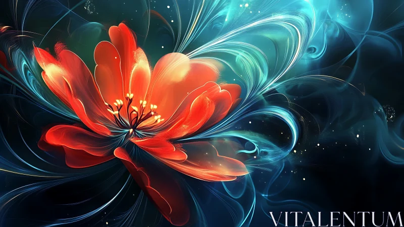 Red abstract flower glows against swirling blue light forms