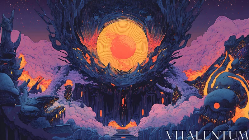 Surreal cosmic abyss with molten sun core and cavern forms.