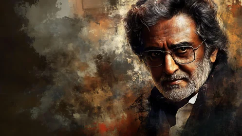 Weathered gentleman’s gaze meets swirling painted shadows