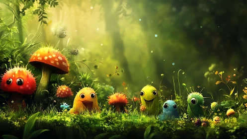 Friendly forest critters share a sunlit, magical meadow