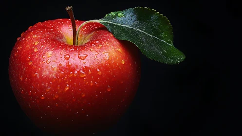 Lustrous red apple close-up with leaf on dark backdrop.