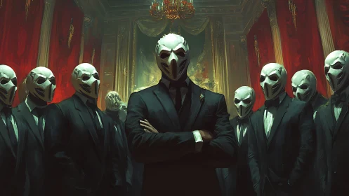 Masked syndicate in baroque hall, hierarchical power study.