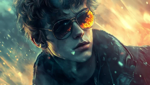 Firelit rebel in mirrored shades outruns the falling sparks.