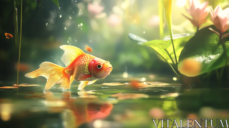 Sunlit goldfish drifts through a dreamy lily pond glow
