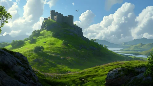 Sunlit hilltop fortress above sweeping emerald valleys.