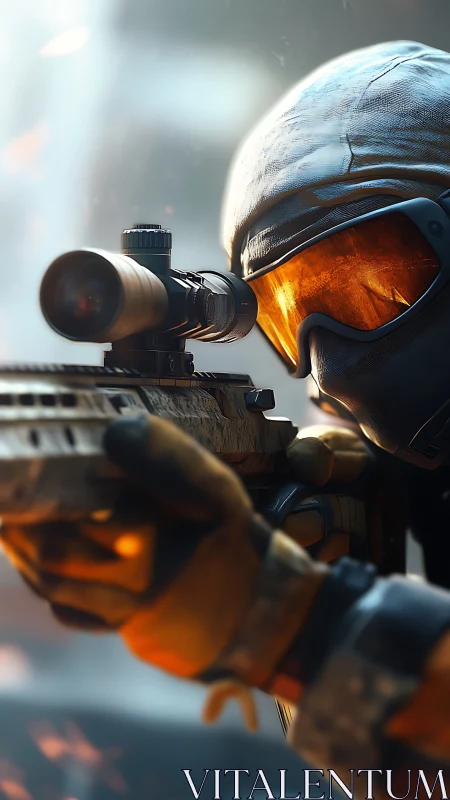 Futuristic tactical sniper aims down scope in combat zone.
