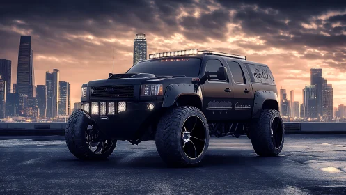 Custom lifted SUV stands on rooftop before modern skyline