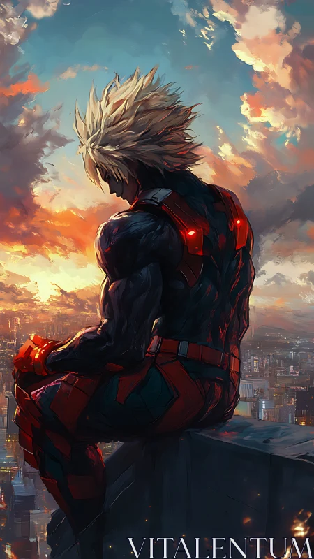 Digital painting of armored hero over dusk city skyline.