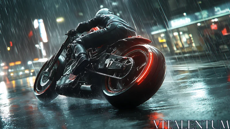 Motorcyclist carving neon-soaked corner on wet city street.