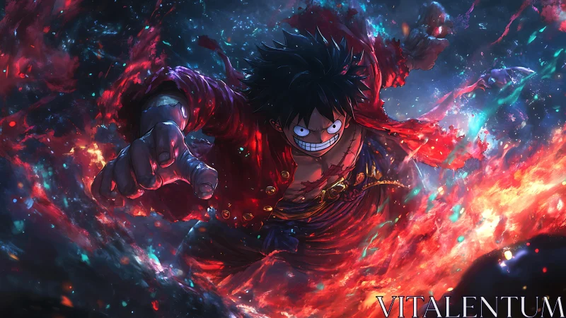 Fiery anime brawler charging through swirling cosmic flames.