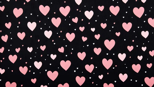 Scattered Pink Hearts Pattern on Black Background with Varied Sizing