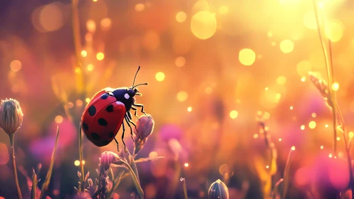 Ladybug resting on wildflower in glowing bokeh sunset field.