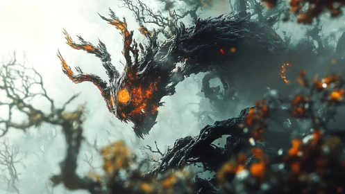 Twisted ember dragon rising through haunted forest mists.
