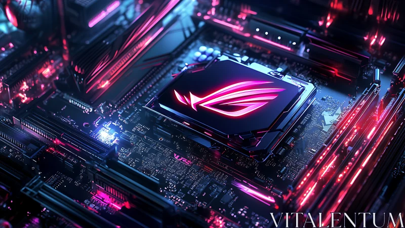 RGB lit gaming motherboard with stylized CPU heatsink emblem