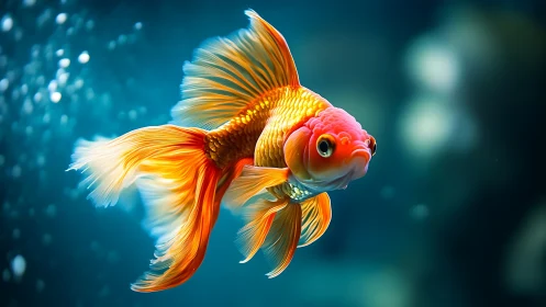 Vibrant orange goldfish swims through deep blue aquarium