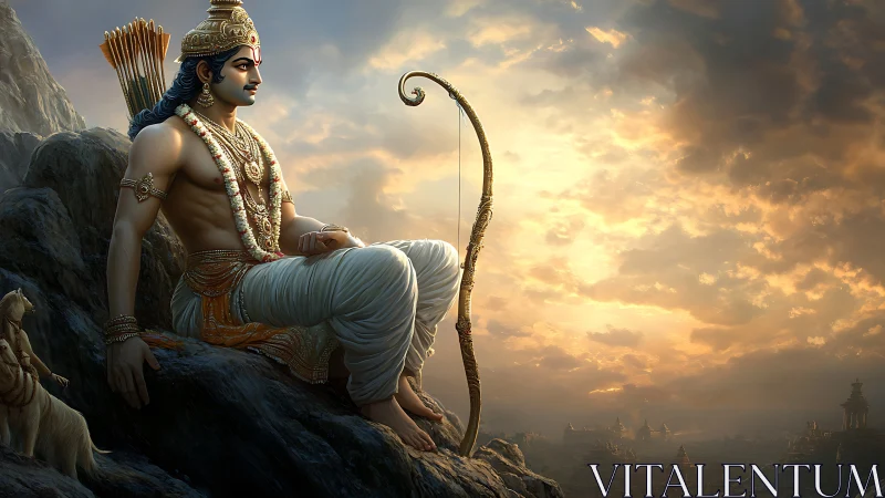 Divine archer rests on mountain ledge at glowing sunset sky.