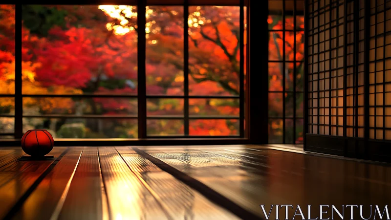 Japanese tatami room interior with autumn maple bokeh view.