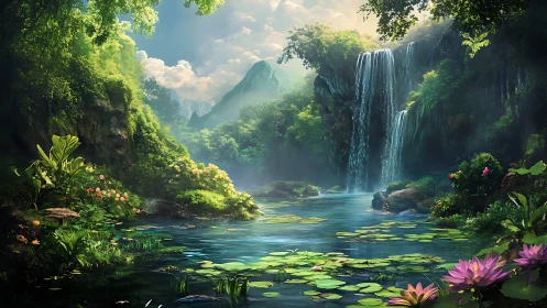 Lush rainforest waterfall oasis with glowing lily pond.