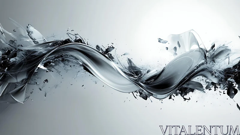 Abstract metallic wave with shattered glass in digital art style.