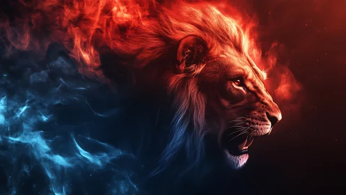 Fiery bicolored lion portrait unites elemental flame and frost