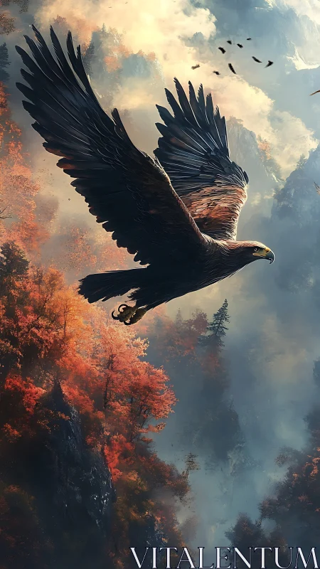 Eagle gliding over autumn forested mountains in misty light.