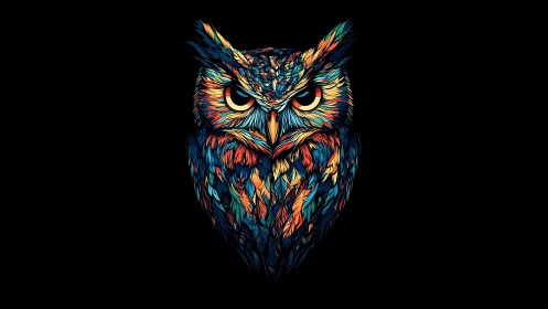 Digital painting of neon-feathered owl on black ground.